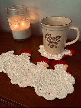 Handmade Crochet Chicken Coasters - Set of 4 White & Red